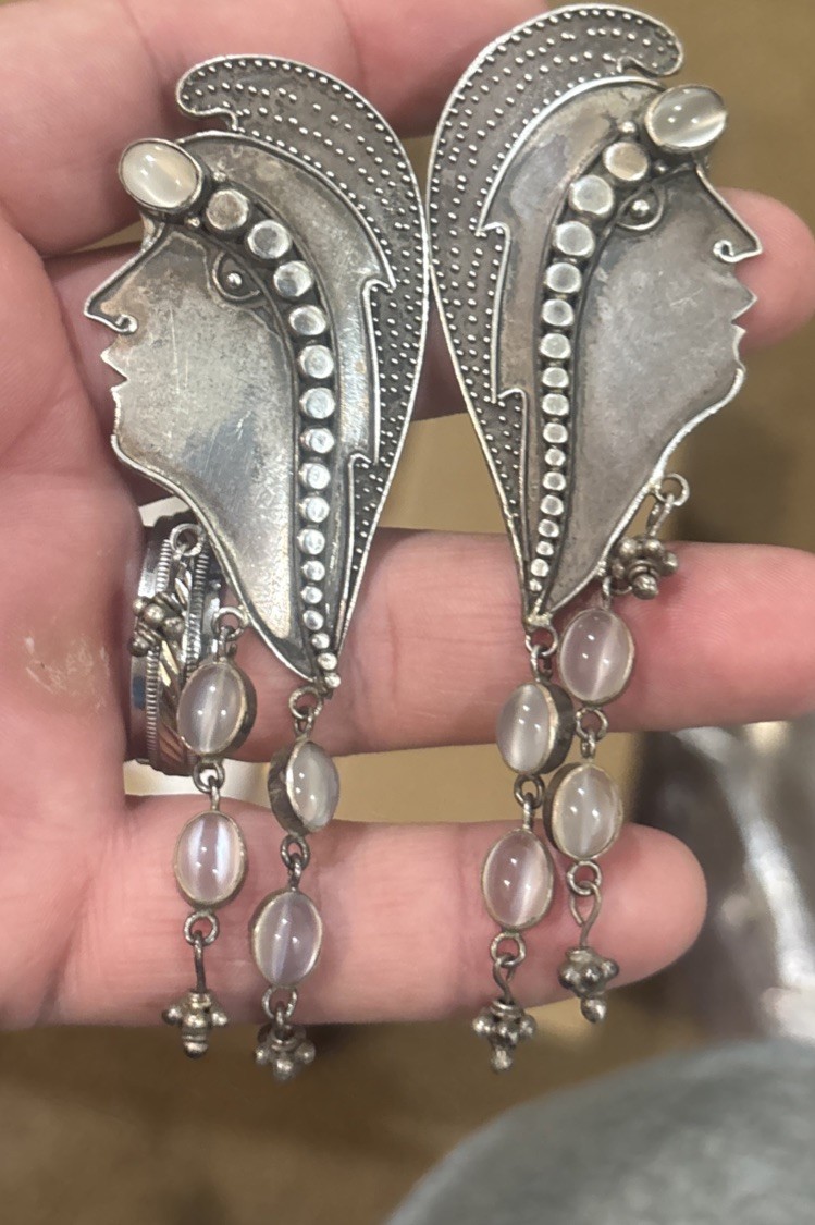 Vintage Unique Long Sterling Silver Tribal Face Cabochon Post Earrings 925