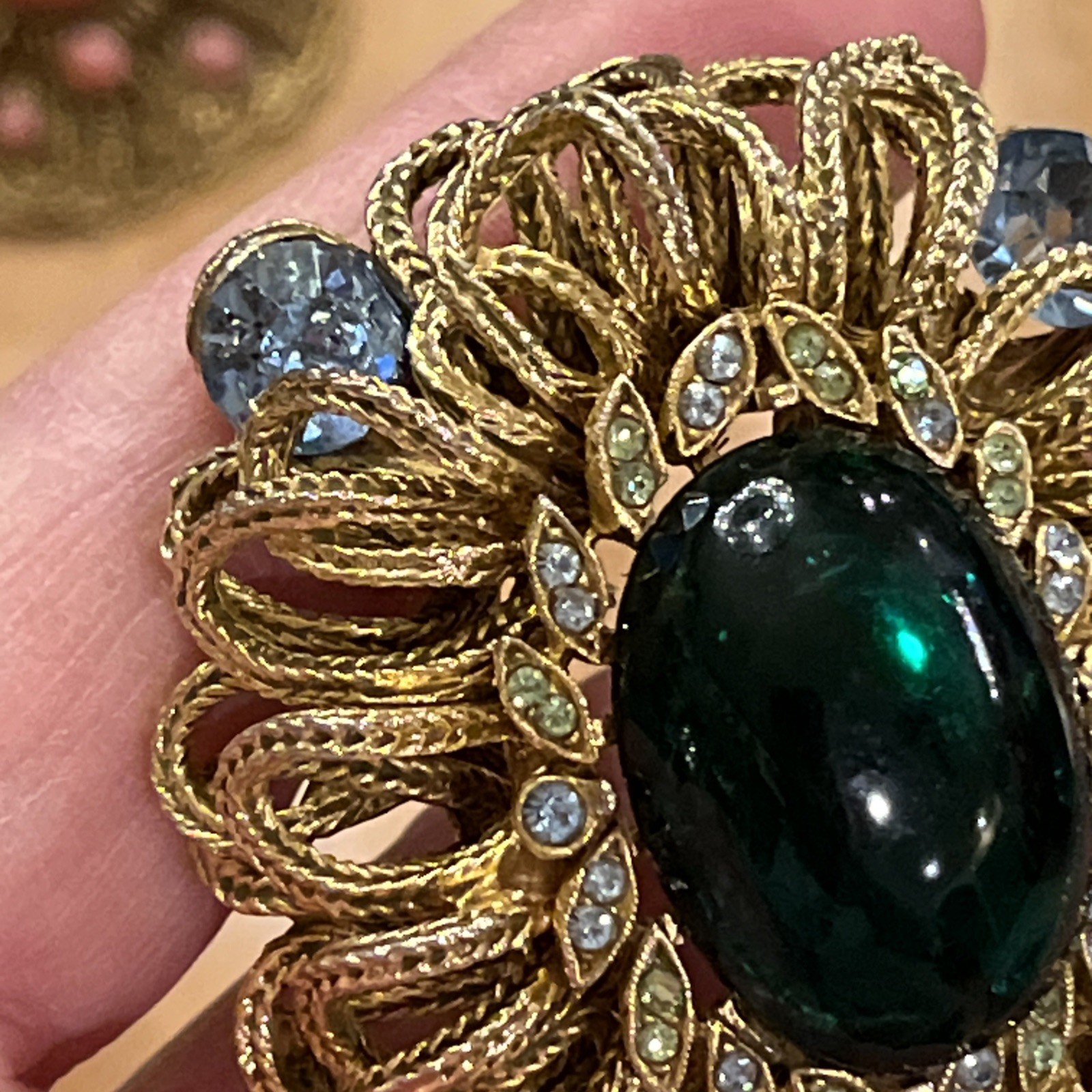 Vintage Capri Green Gripoix Glass Cabochon Blue Green Rhinestone Ornate Brooch