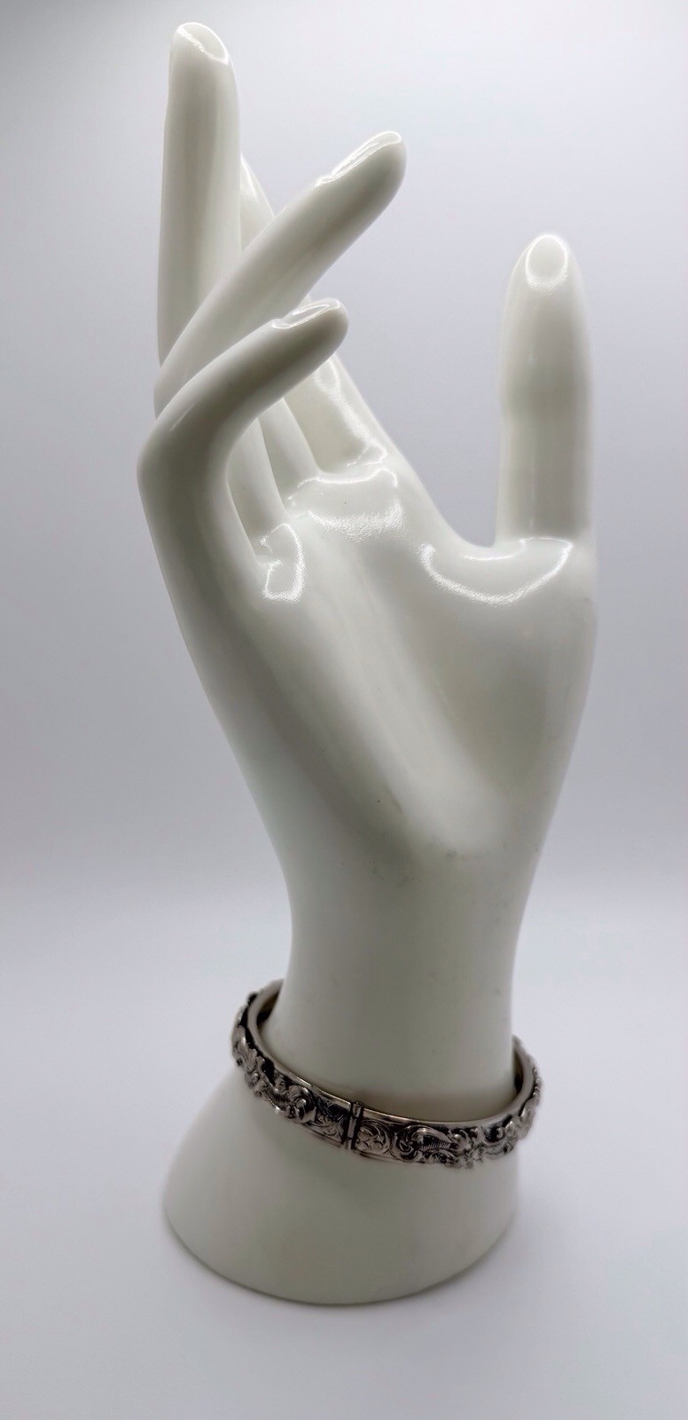 Vintage Ornate Floral Design Hinged Bangle Bracelet Silver Tone Safety Chain