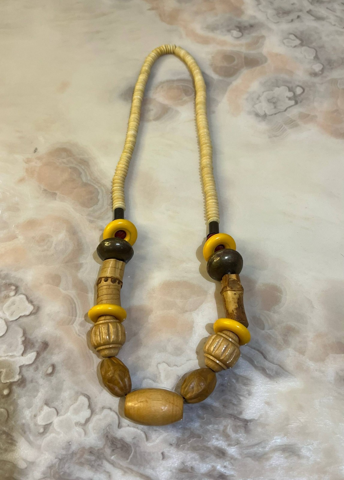 Vintage Handmade Wooden Bead Necklace Tribal Boho Ethnic Statement Jewelry