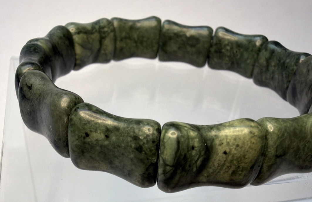 Natural Nephrite Jade Serpentine Stretch Bracelet Good Luck Bamboo Bone Read