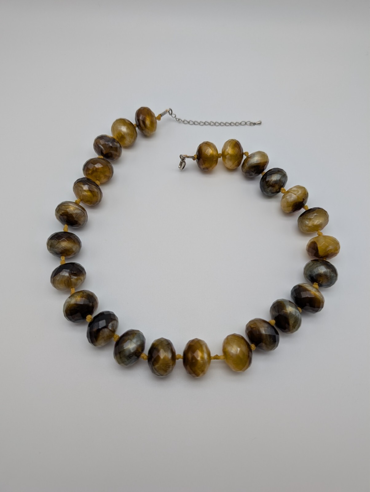 Chunky Hand Knotted Tan Brown Marble Swirl Plastic Faceted Beaded Necklace