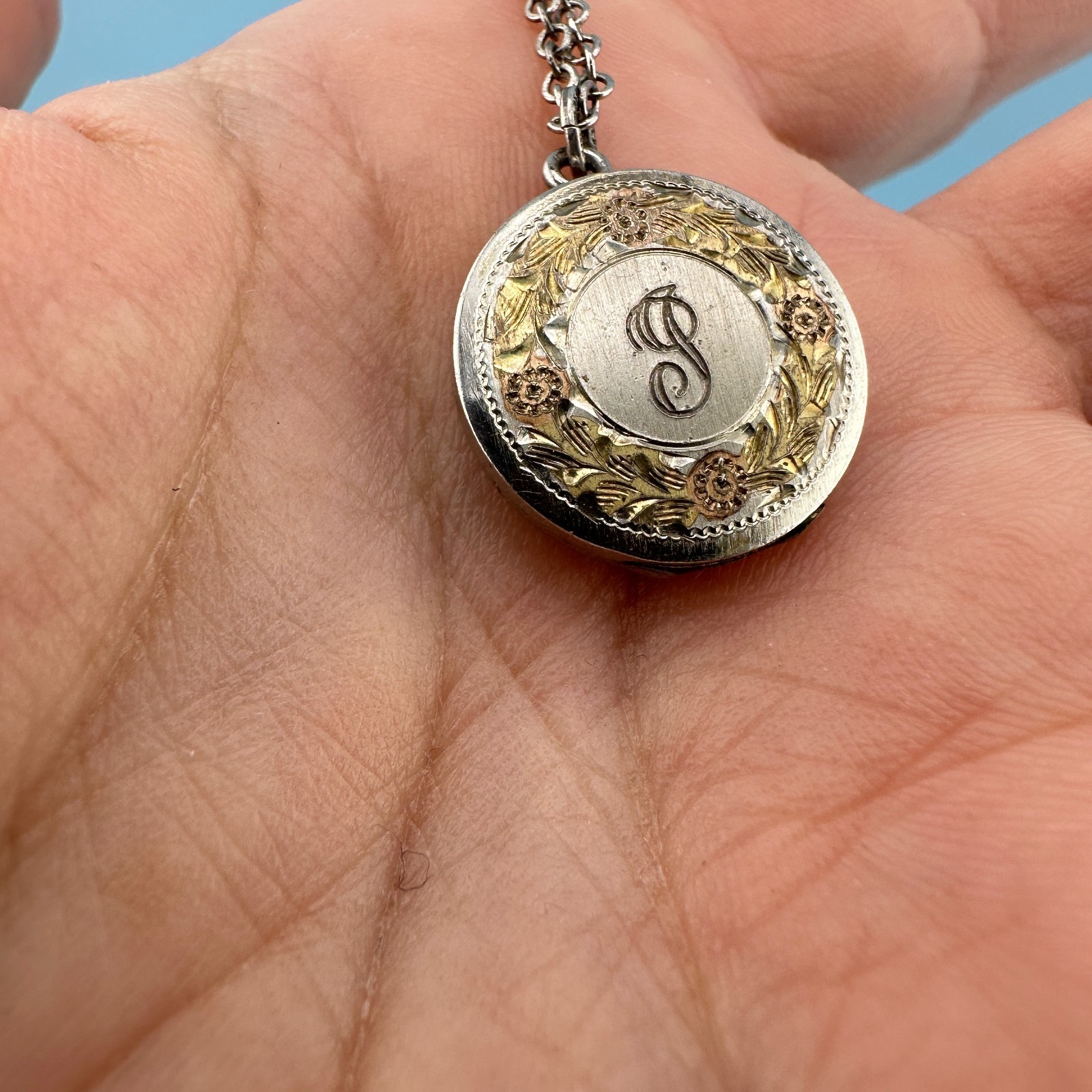 Vintage Locket Necklace Sterling 925 Gold Tone Inlay Letter P 1975 Engraved