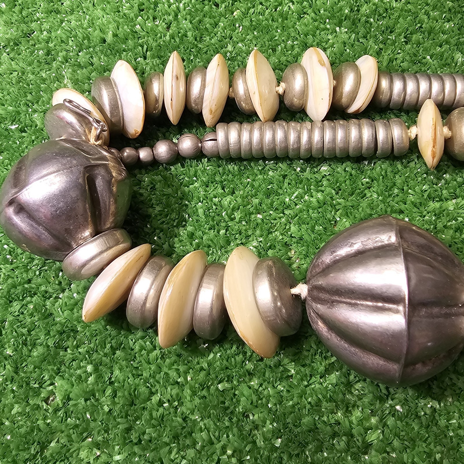 Tribal Ethnic Statement Necklace Pewter & Seashells 27″ Hook & Clasp