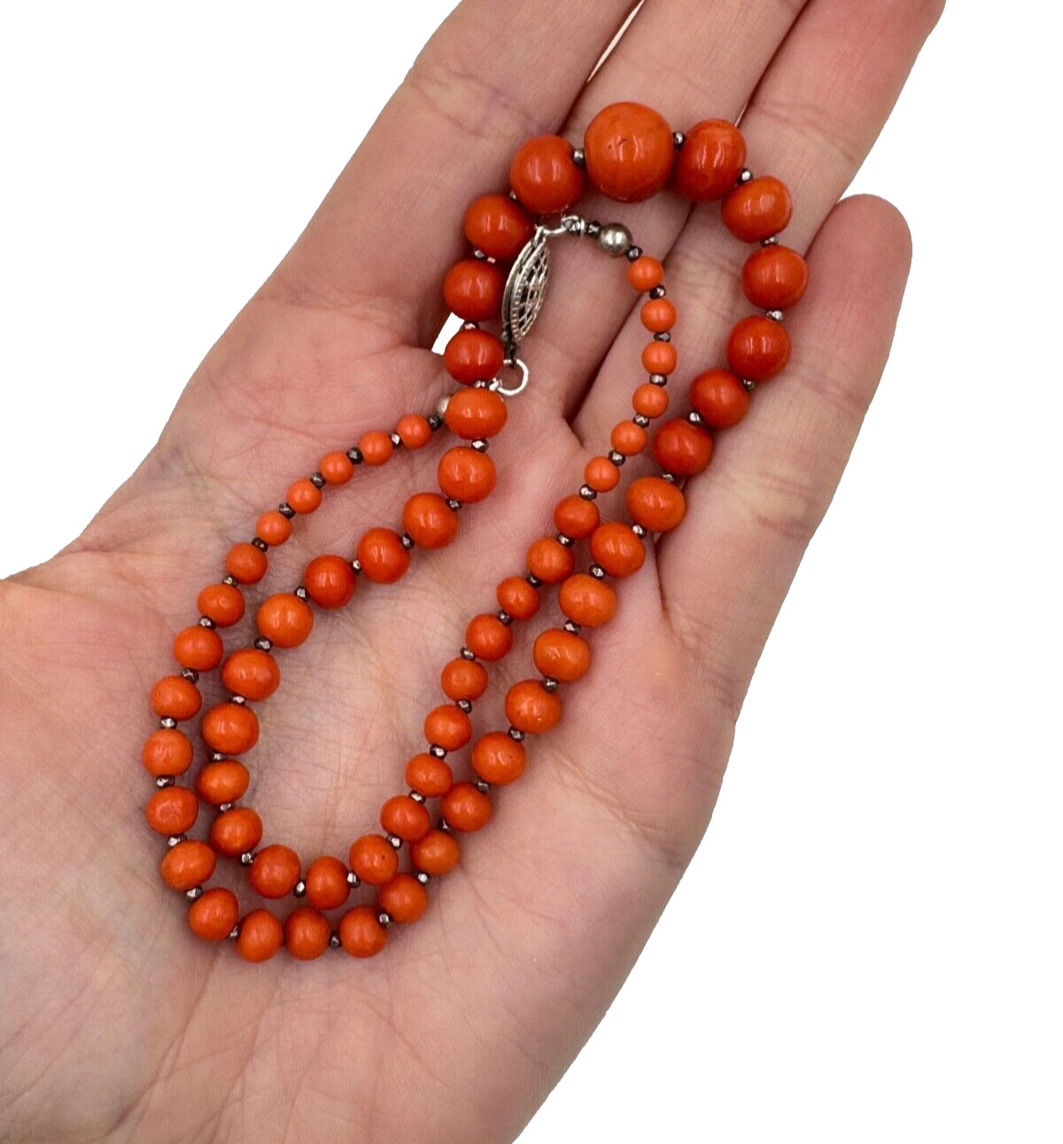 ANTIQUE OLD VICTORIAN NATURAL GENUINE CORAL NECKLACE 1 STRAND CHOKER STERLING SL