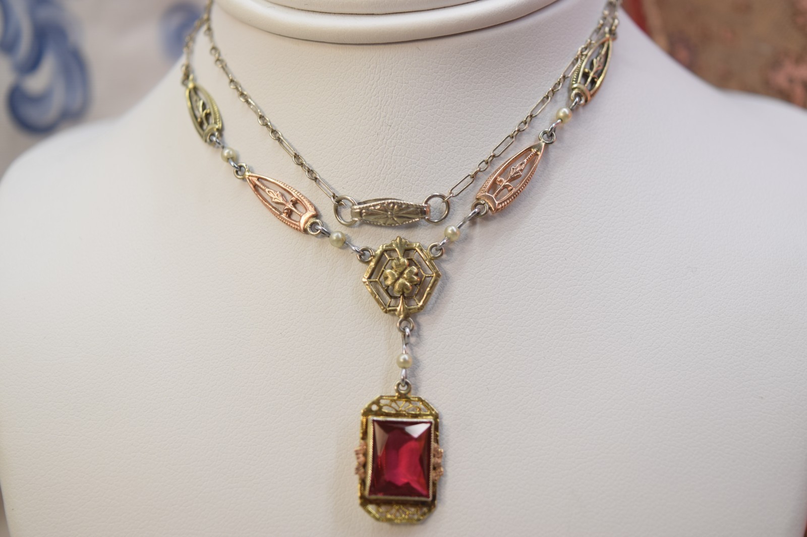 Antique Deco 10K Rose White Yellow Gold Red Ruby Glass necklace 17″