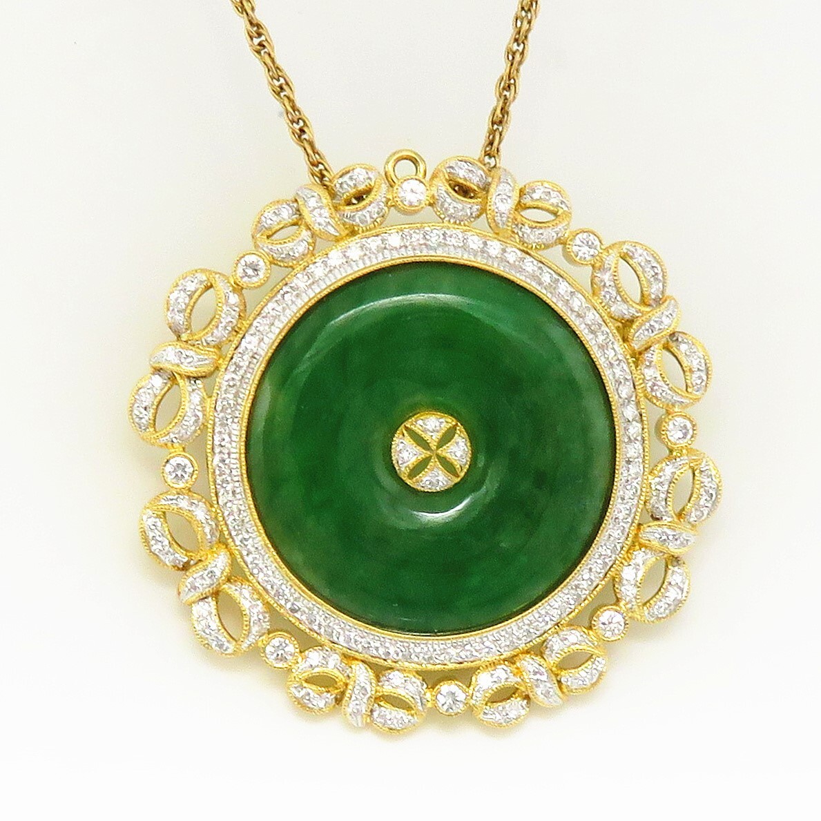 NYJEWEL GIA Certified 18k Gold Jadeite A Jade Fei Cui & 3.8ct Diamond Brooch 翡翠