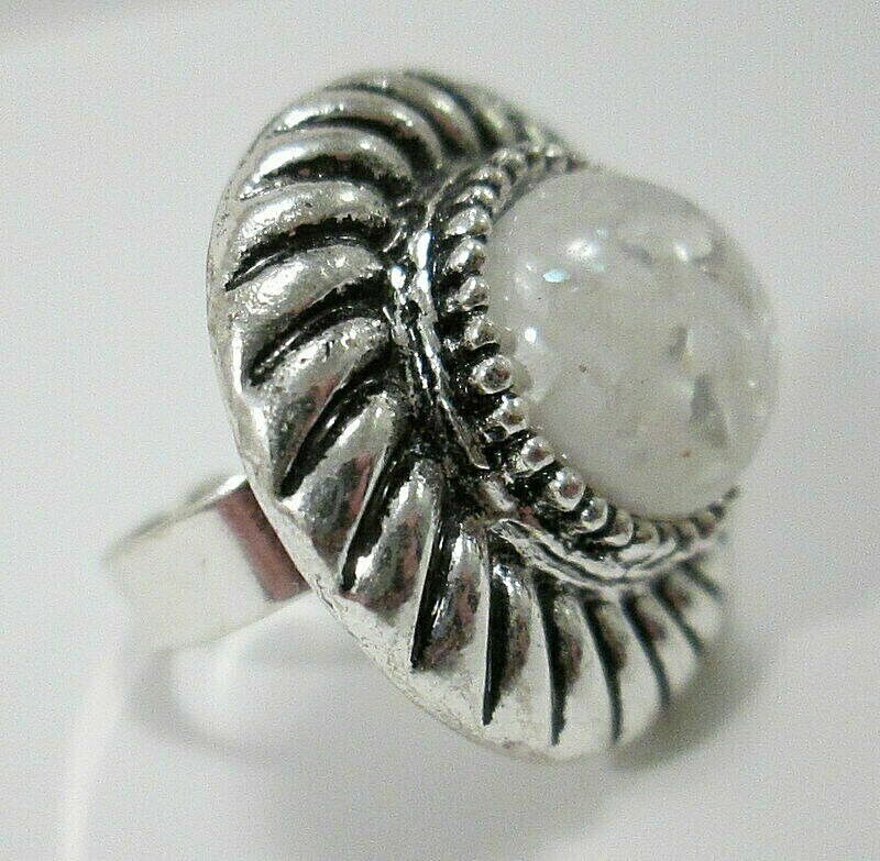 Adjustable Cocktail Ring Silver Tone with White Round Cabochon Estate Find