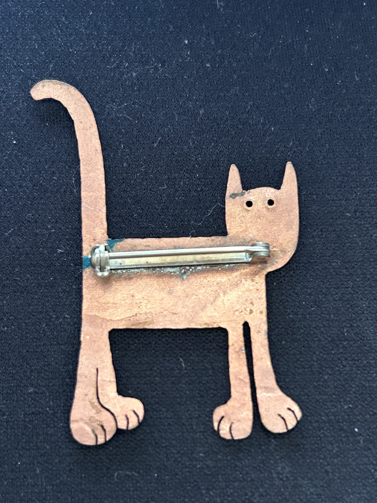 Whimsical Artisan Copper Figural Cat Brooch Pin, Rollover Safety Clasp