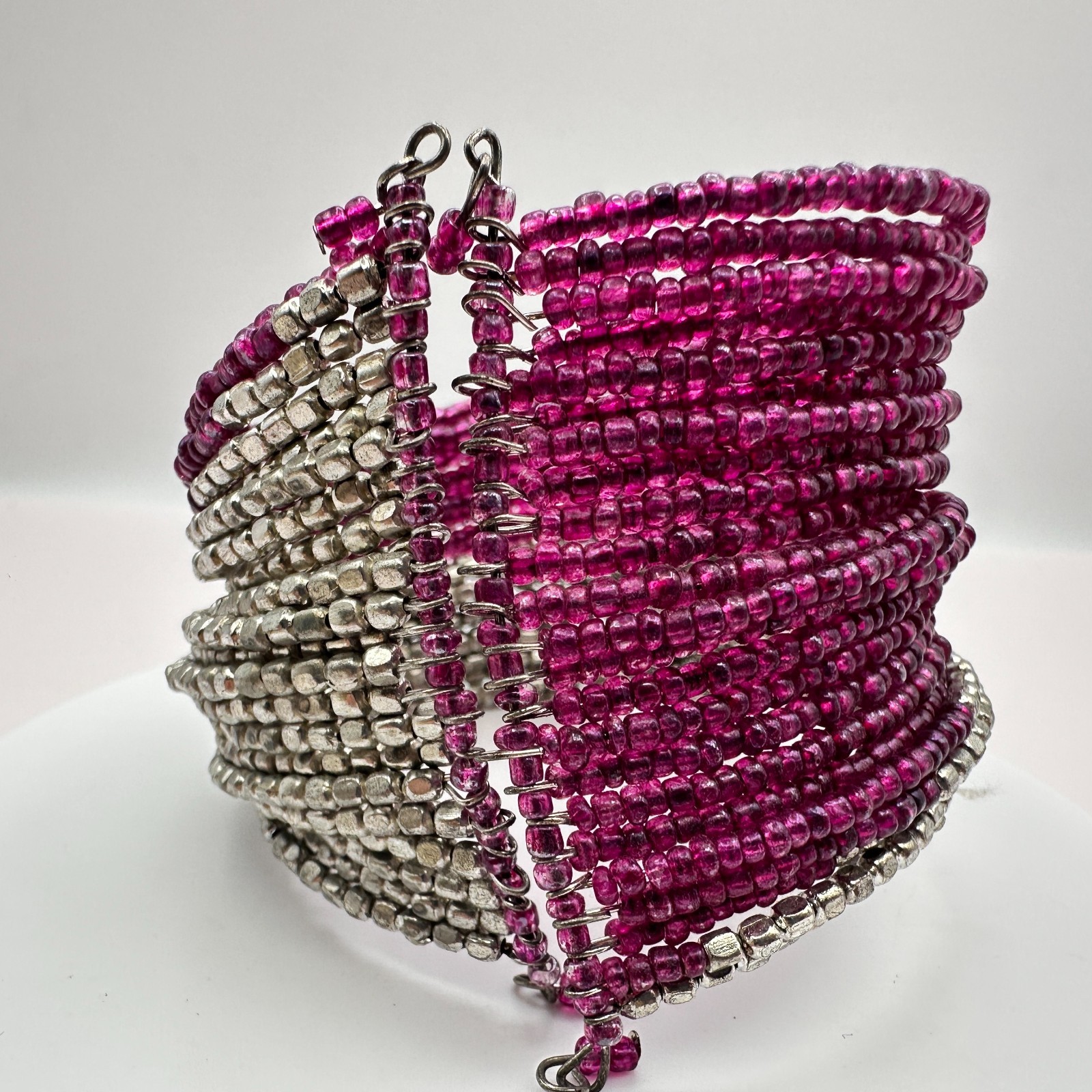 Vintage 90s Magenta Pink &Silver Seed Bead Multi-Strand Wrap Cuff Bracelet Boho