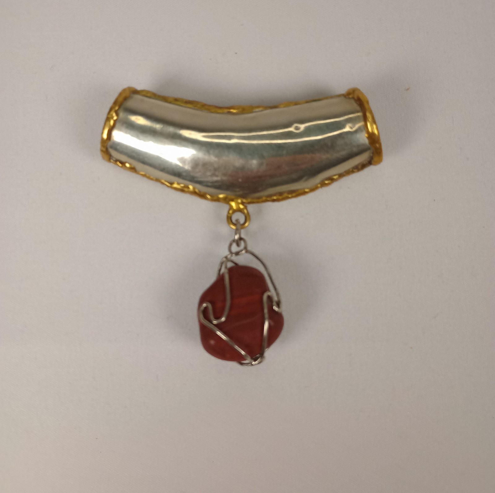 Vintage Modernist Snake Slide Pendant Mixed Metal Red Agate Jasper Artisan