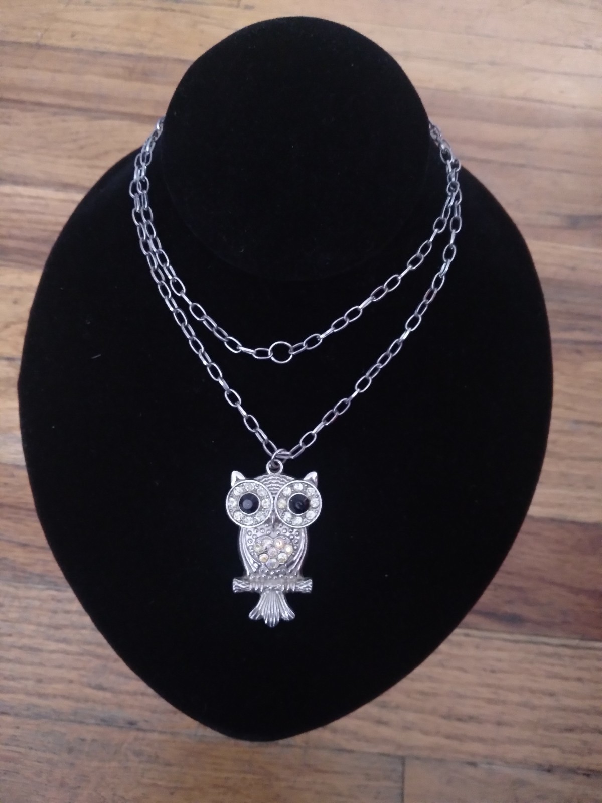 Owl Pendant Necklace Silver Tone Rhinestones 26 Inches Vintage