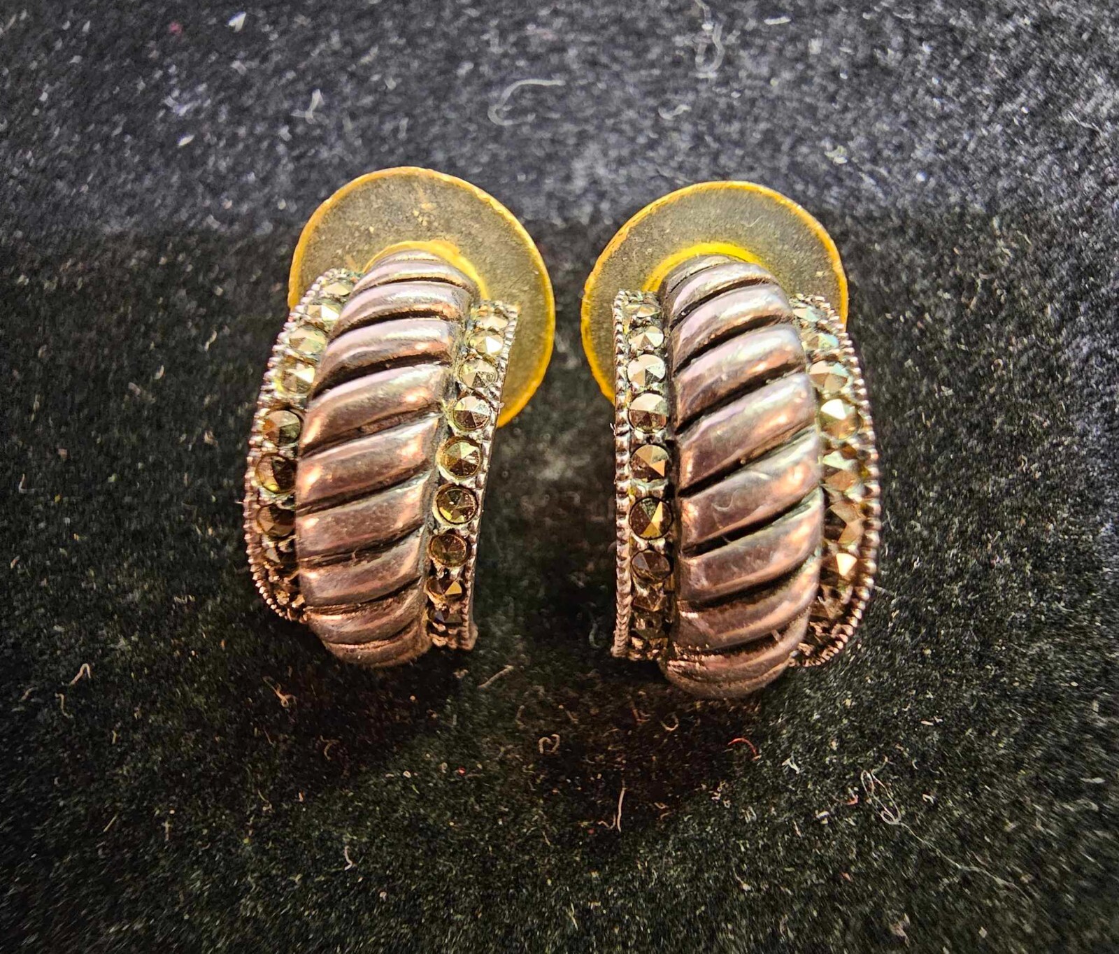 Vtg Sterling Slver Hoop Stud Earrings w/ Marcasite Rope Design-Tested- S9