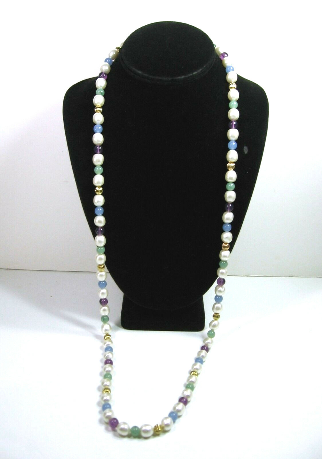 White PURPLE BLUE MINT GREEN BEADED Necklace 4 Color Beads Vintage Goldtone 36″
