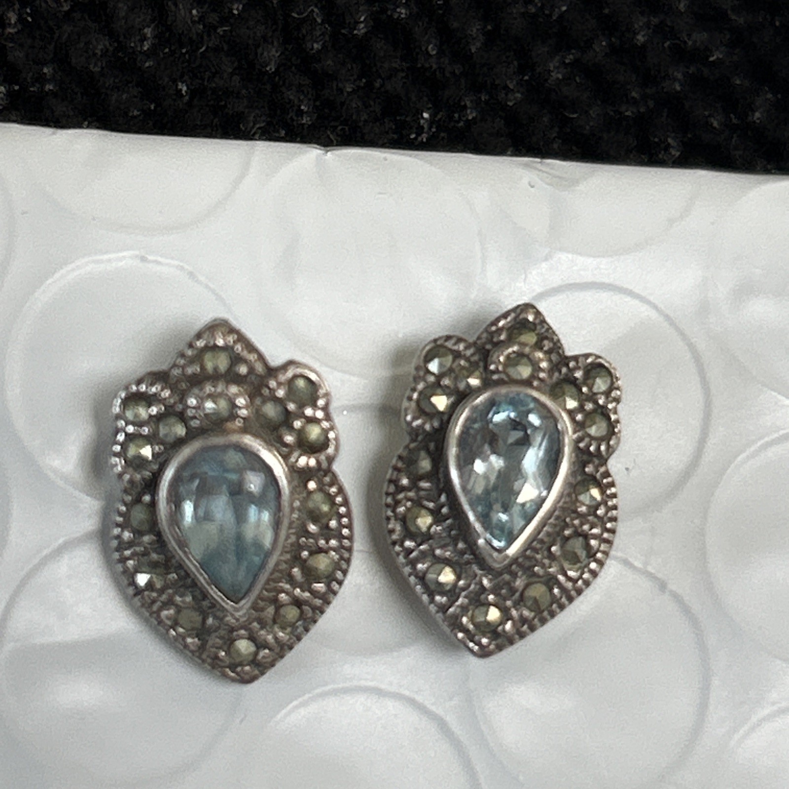 VTG CW Sterling Silver Marcasite Blue Topaz Stud Earrings 1/2” 3g