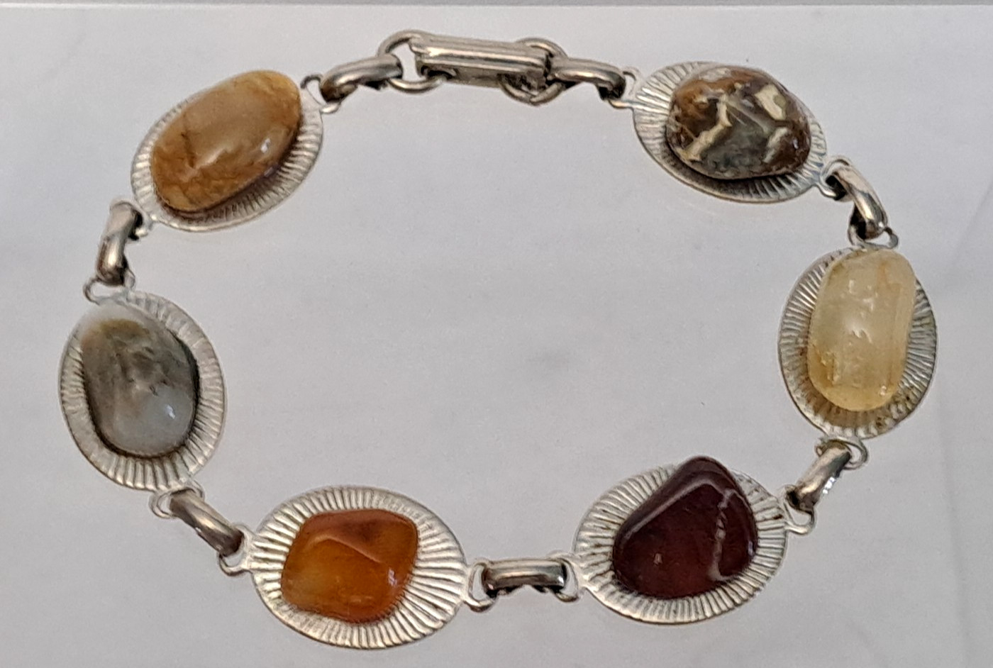 Vintage Silver Tone Tennis Bracelet Natural Precious Polished Stone Agates Color