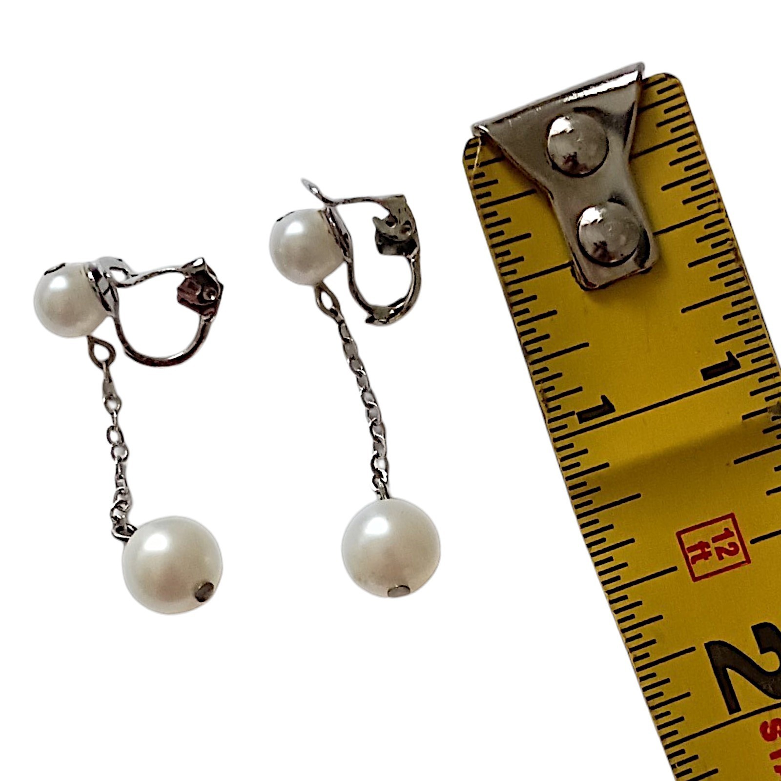 Vintage Faux Pearl Chain Dangle Earrings Dainty Delicate Silver Tone Elegant