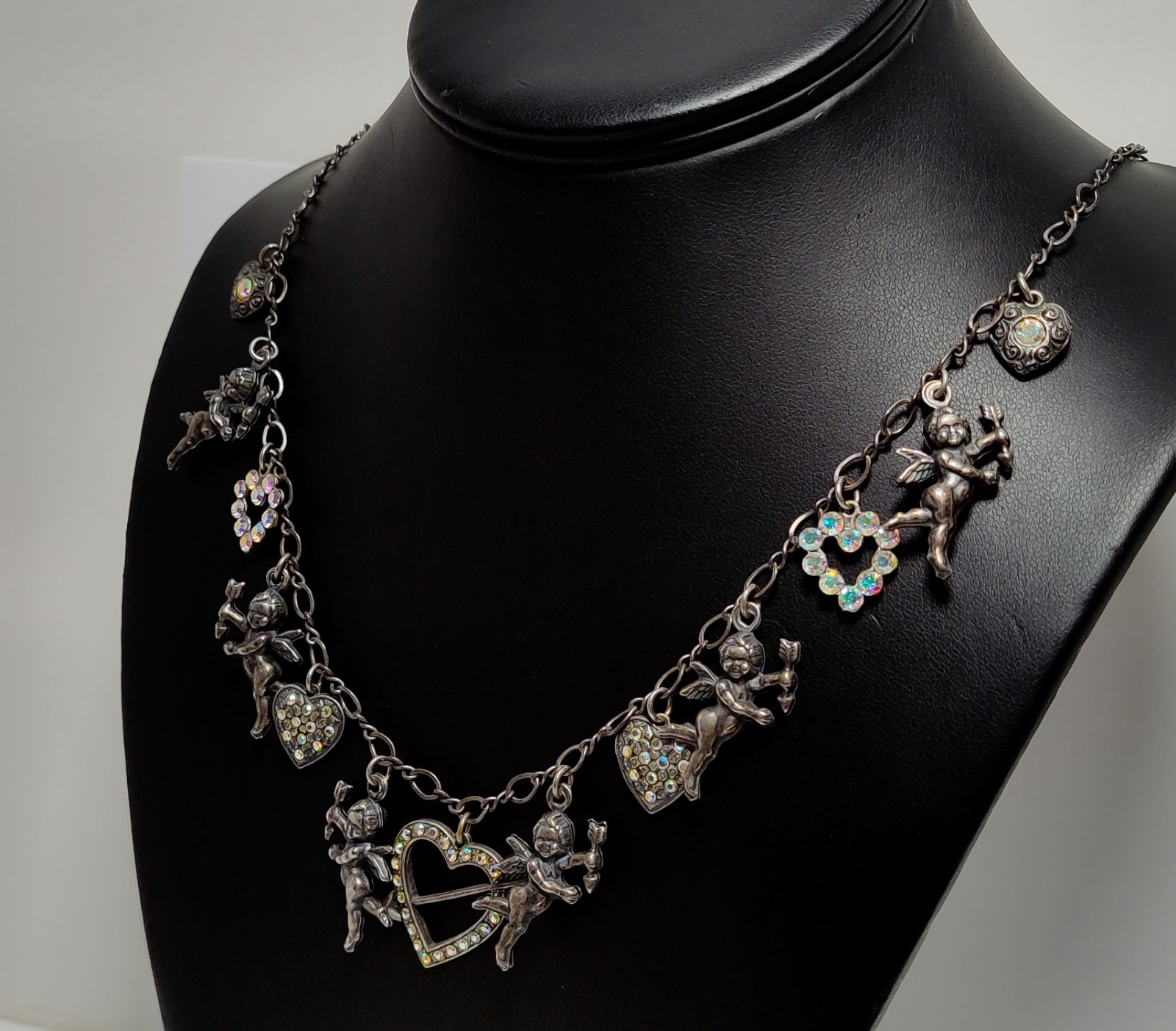 Lovely Vtg signed TOP SHELF JEWELRY AB Rhinestone Angel Design Silver Necklace