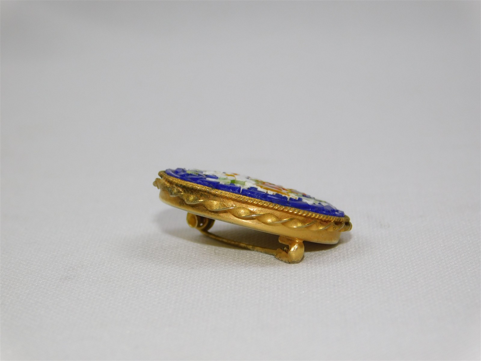 Vtg Italy Micromosaic White Daisy Red Poppy Flower Brooch Pin Cobalt Blue Glass