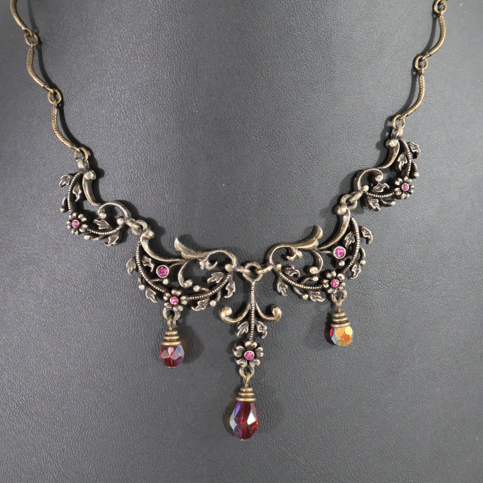 Vintage AVON Victorian Revival Floral Filigree Red AB Crystal Dangle Necklace