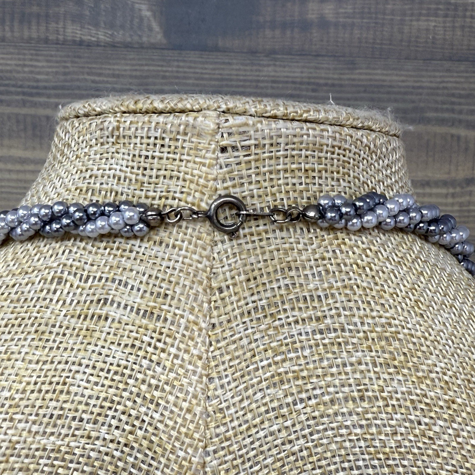 3 Strand Twisted Faux Gray Graduated Pearl Bead Necklace and Earring Set