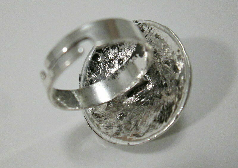 Adjustable Cocktail Ring Silver Tone with White Round Cabochon Estate Find