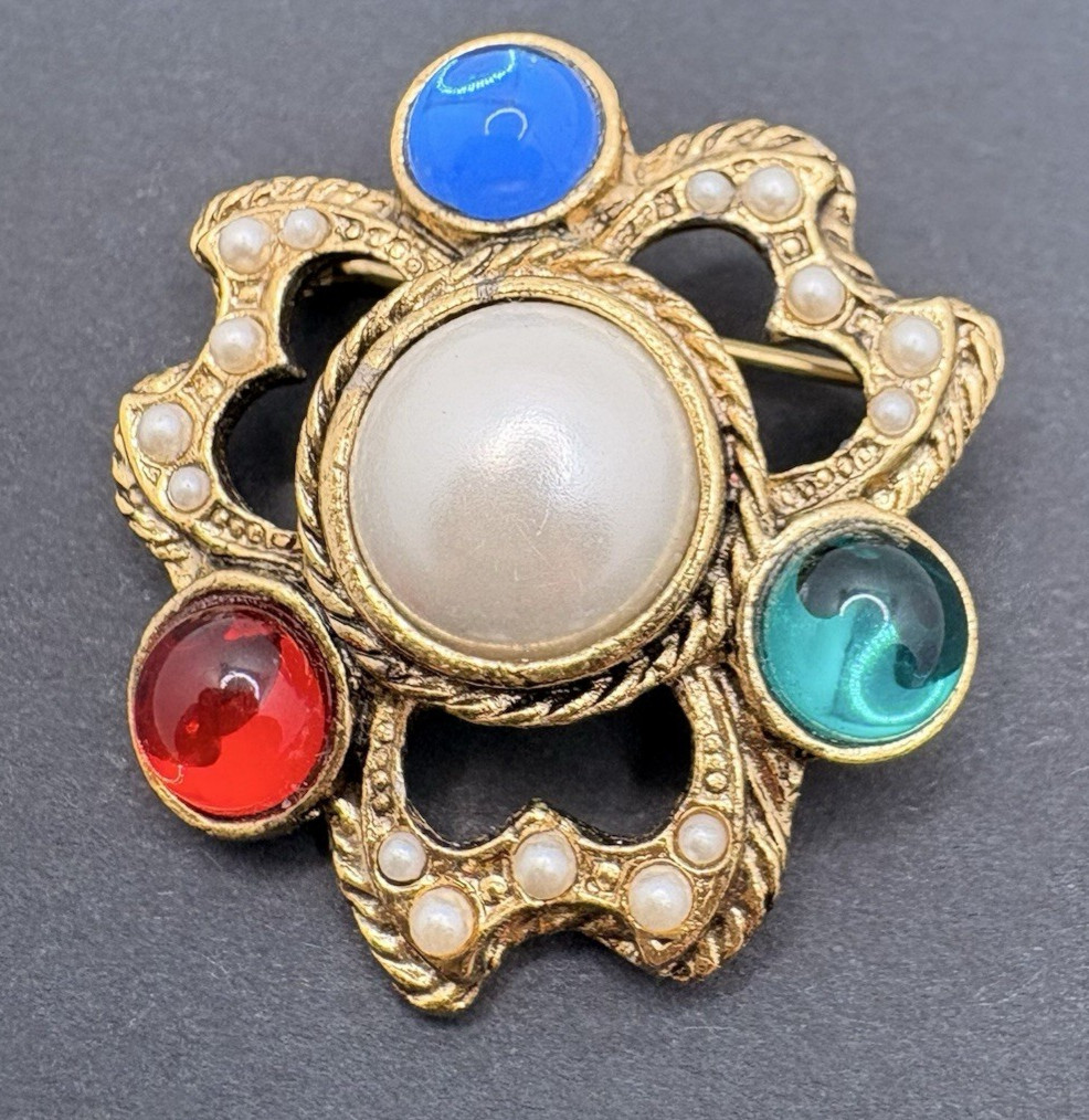 Vintage Faux Pearl Multicolor Jewel Tones Cabochon Open Work Gold Tone Brooch