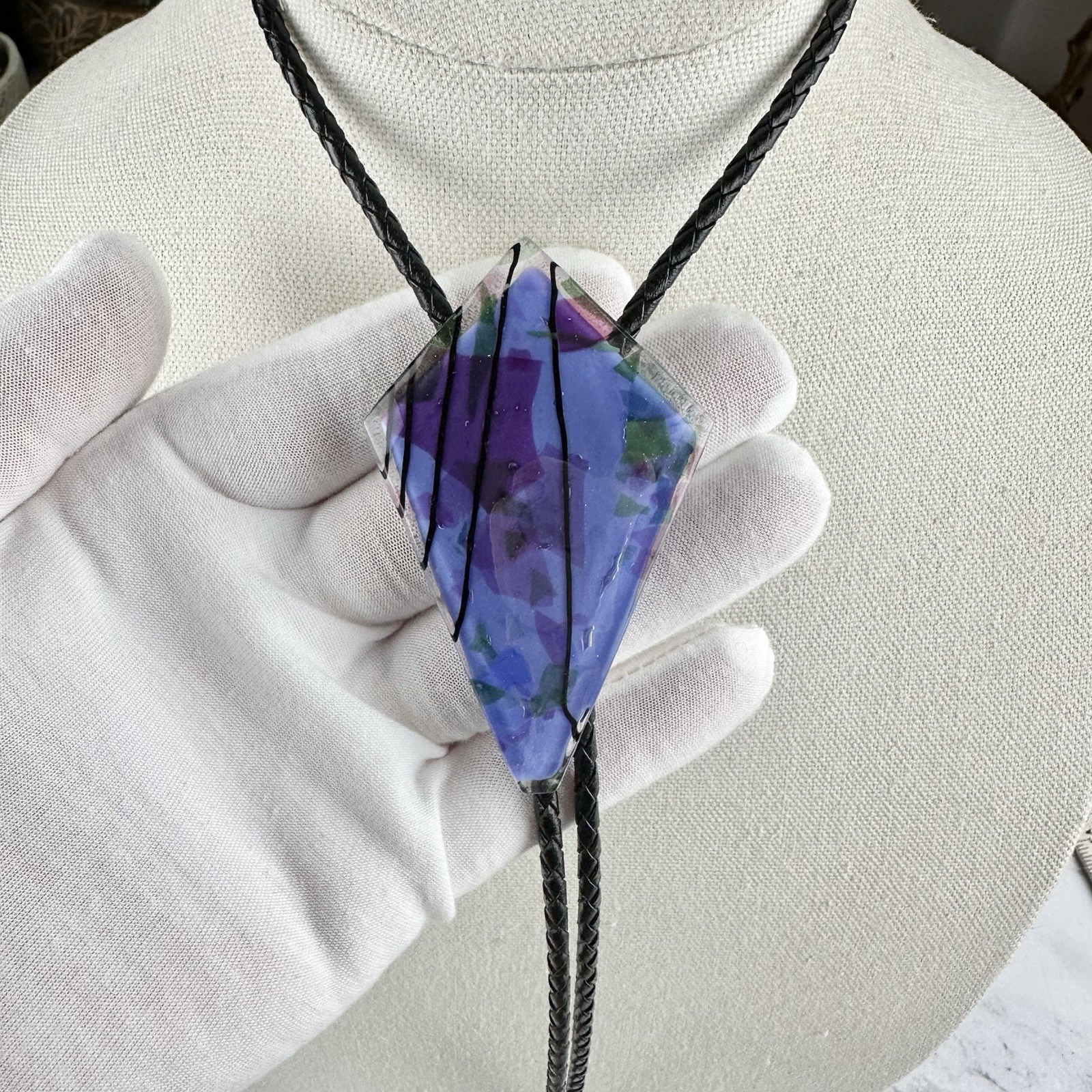 Stunning Large Vintage Fused Glass Western Bolo Tie