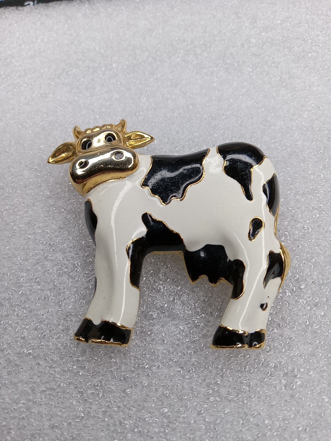 Vintage Holstein Cow Brooch Pin Gold Tone Black White Farm Animal