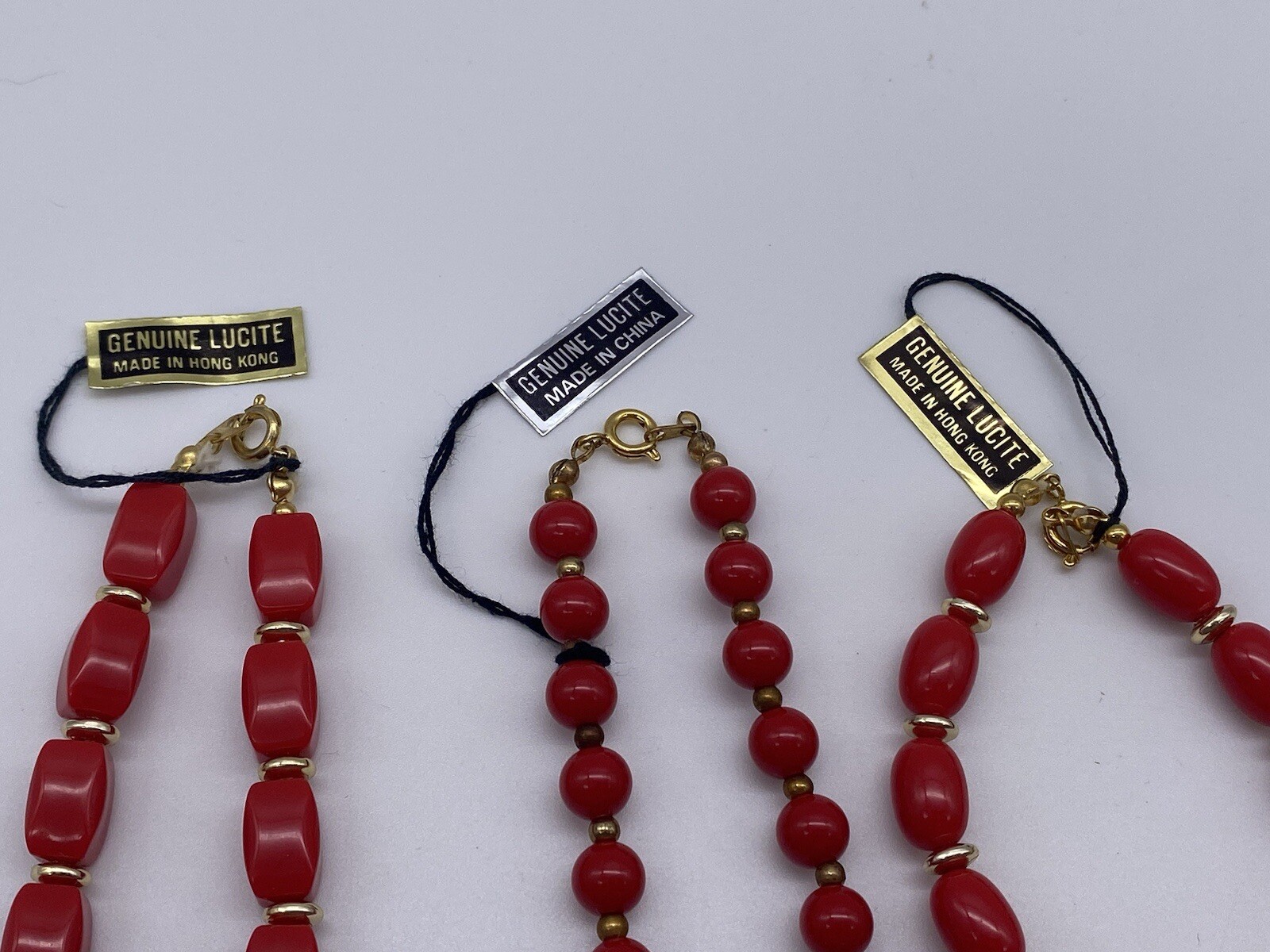 3 Vintage Genuine Lucite Red And Gold Tone Necklaces Made In Hong Kong