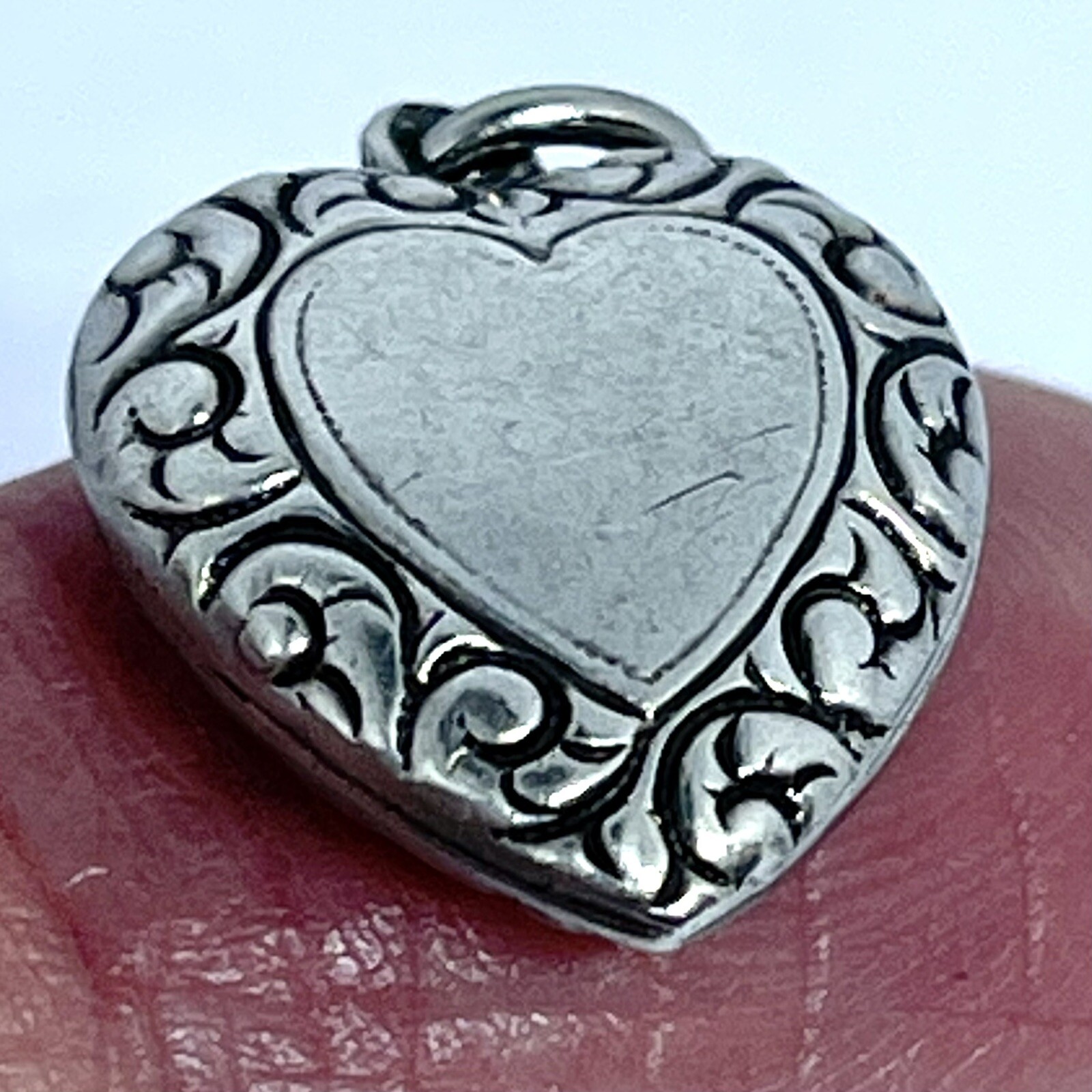 Victorian Puffy Heart Charm VTG Swirls Sterling Silver Repousse Lloyd Engraved