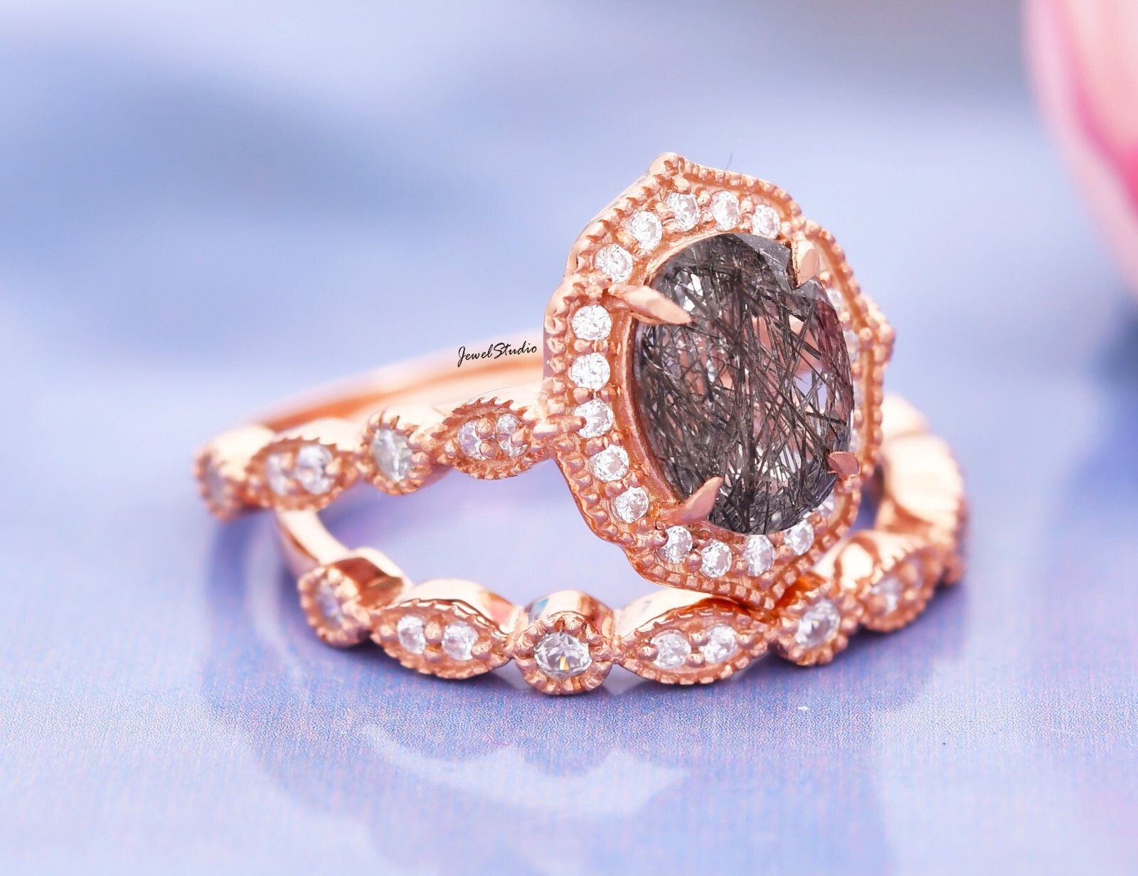 2PCS Black Rutile Ring Engagement band Ring Bridal Ring Black Diamond Ring Gifts