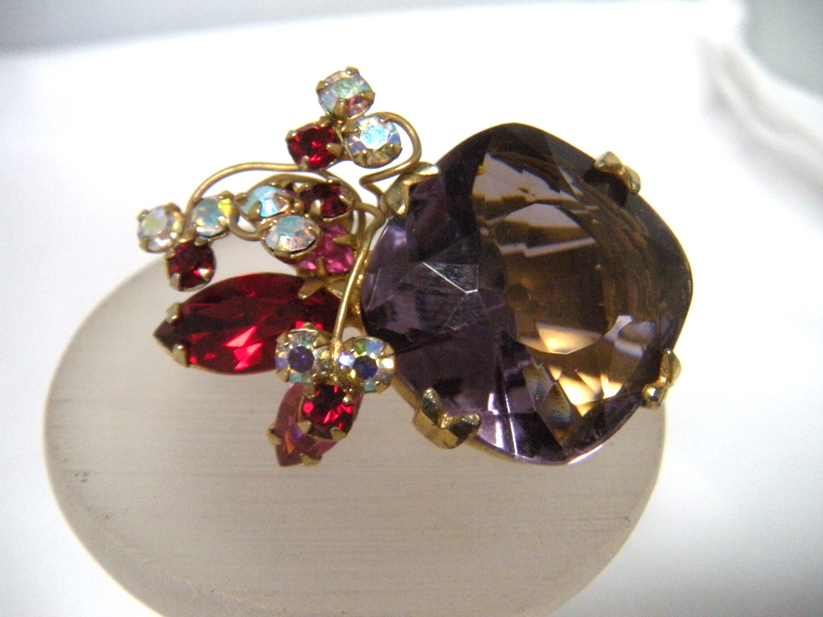 JULIANA Purple Pink Red Rhinestone Vintage Brooch Earring Set