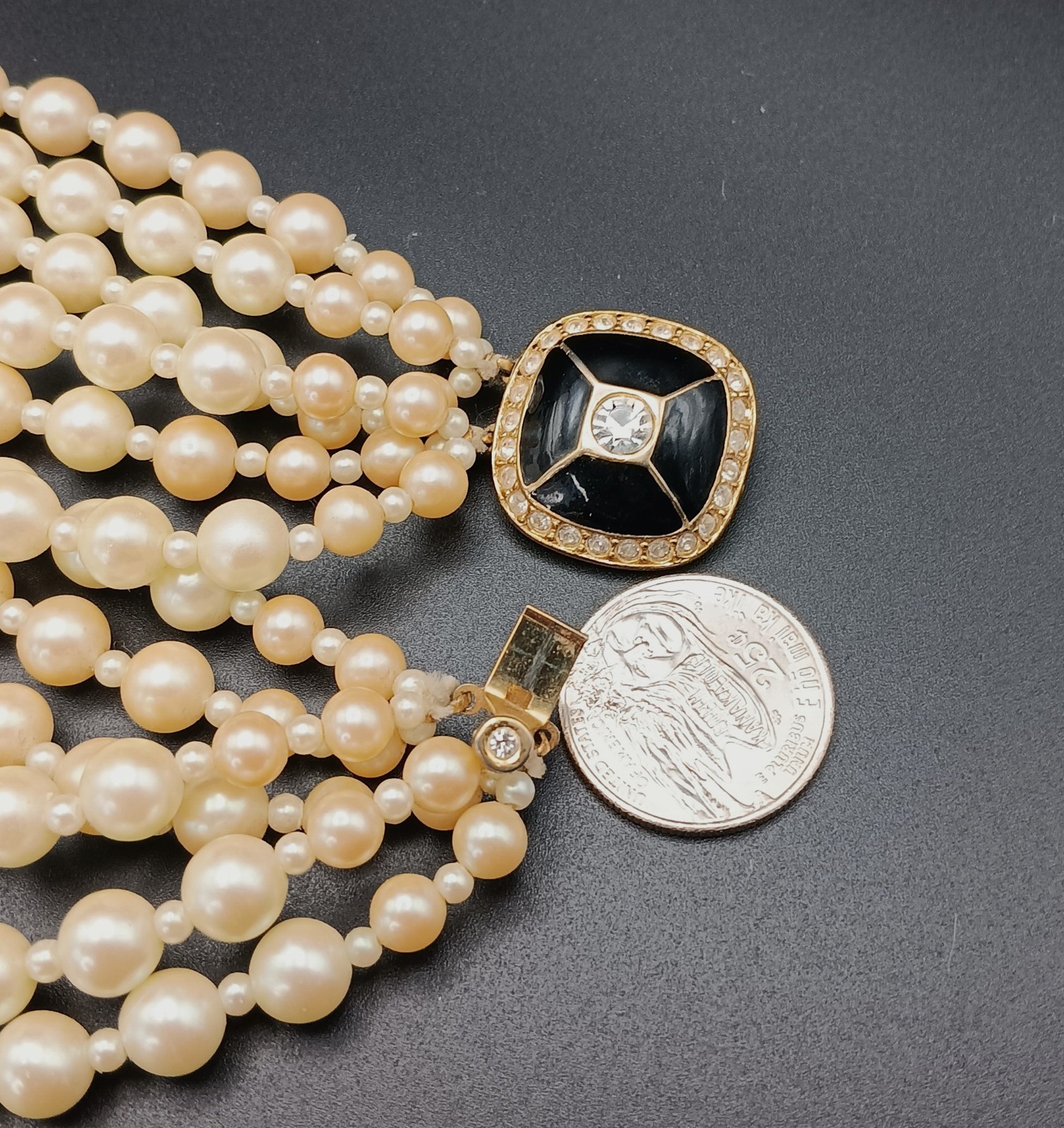 ​Vintage Gay Boyer 6-Strand Faux Pearl Necklace Black Gold Beads Ornate Clasp