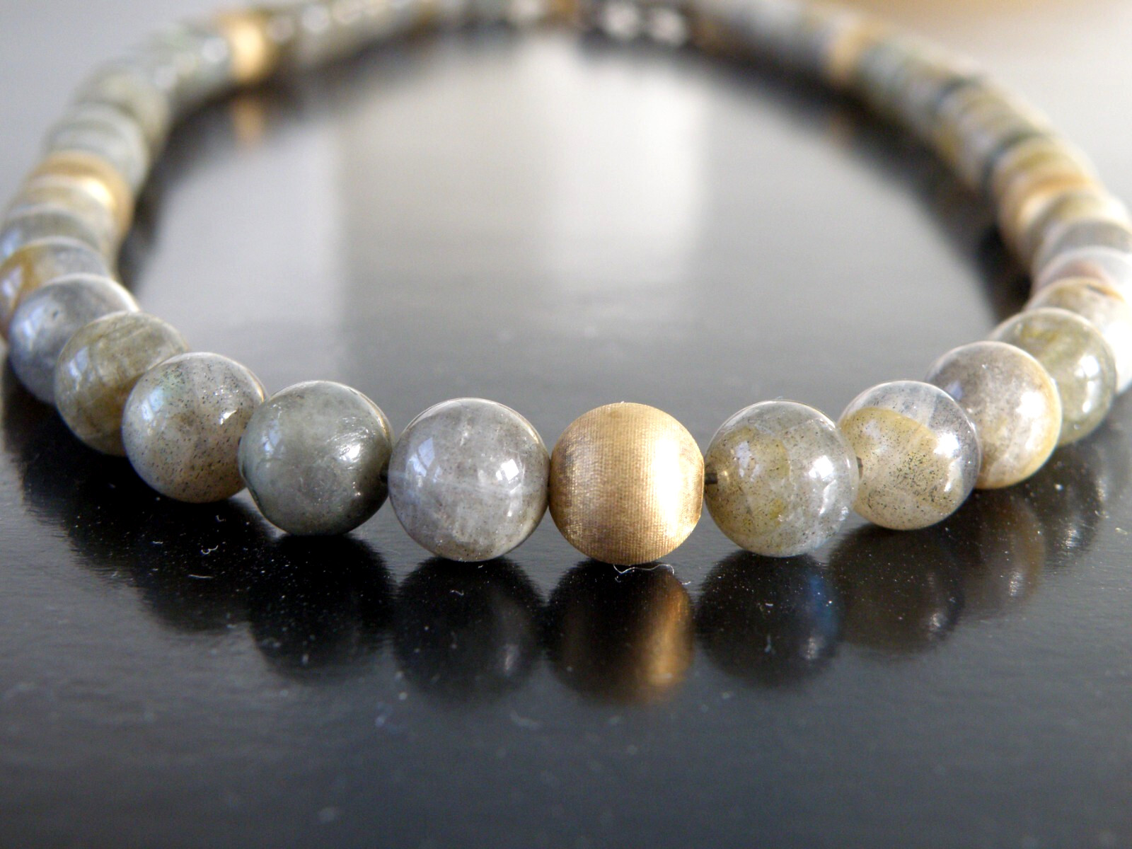 Vintage Sterling Silver 925 Gold on Natural Labradorite Bead Necklace 17.5″