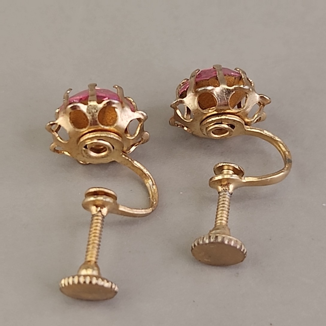 Vintage Rhinestone Screwback Earrings Pink Round Gold Tone 1cm