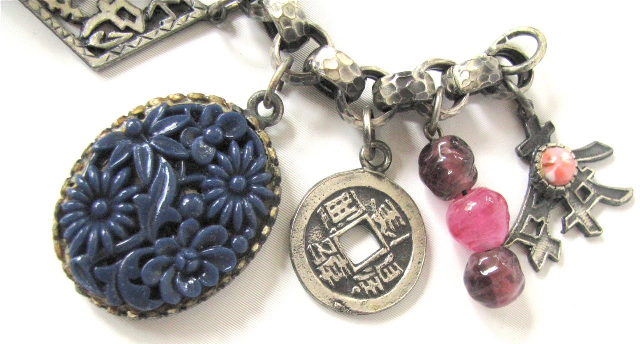 Vintage Napier Shangri La CHUNKY Asian 13 Charm Bracelet Silver 1950’s 7.25″