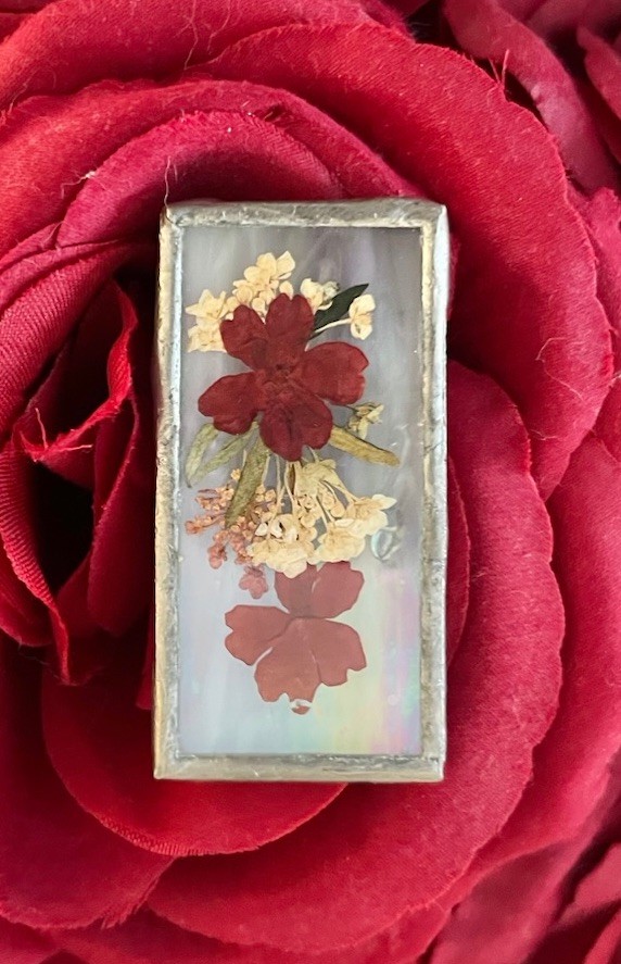 Vintage Handmade Iridescent Glass Pressed Dried Flower Silver 2” Framed Brooch