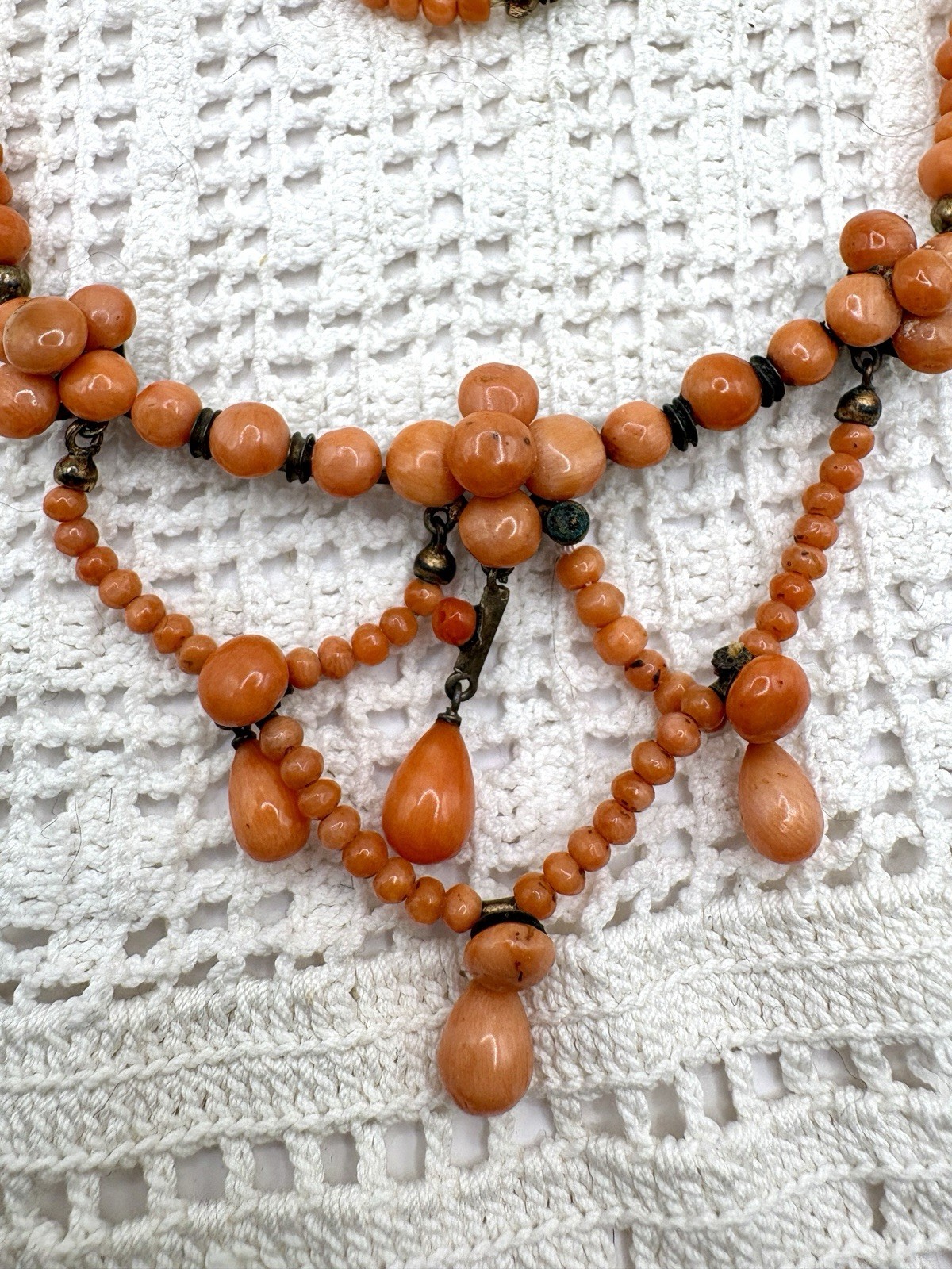 Antique Sterling Natural Mediterranean Salmon Coral Festoon Dangle Necklace 16”