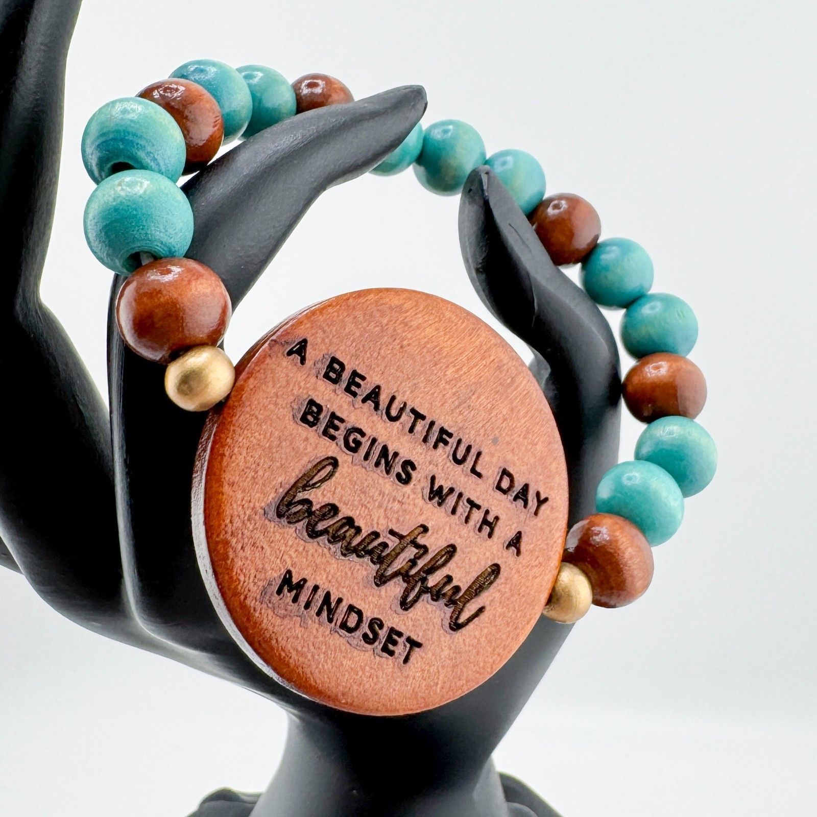 Wood Bead Bracelet 2 Set Stretch Stack Boho Quote “Beautiful Mindset” Earthy