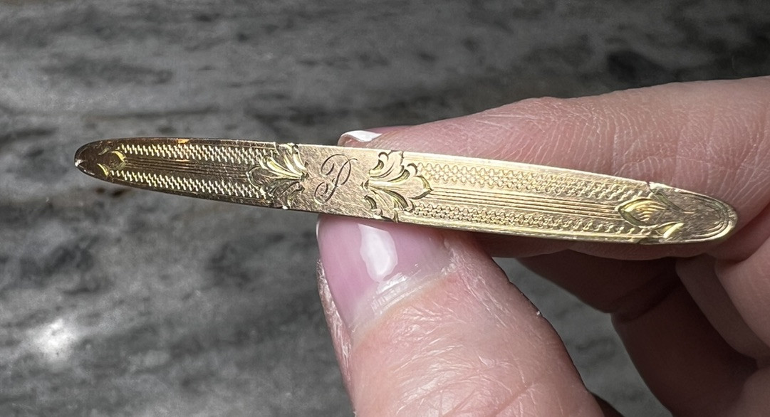 Antique Foster & Bailey Victorian Gold Plated Brooch, Etched, Letter “P”
