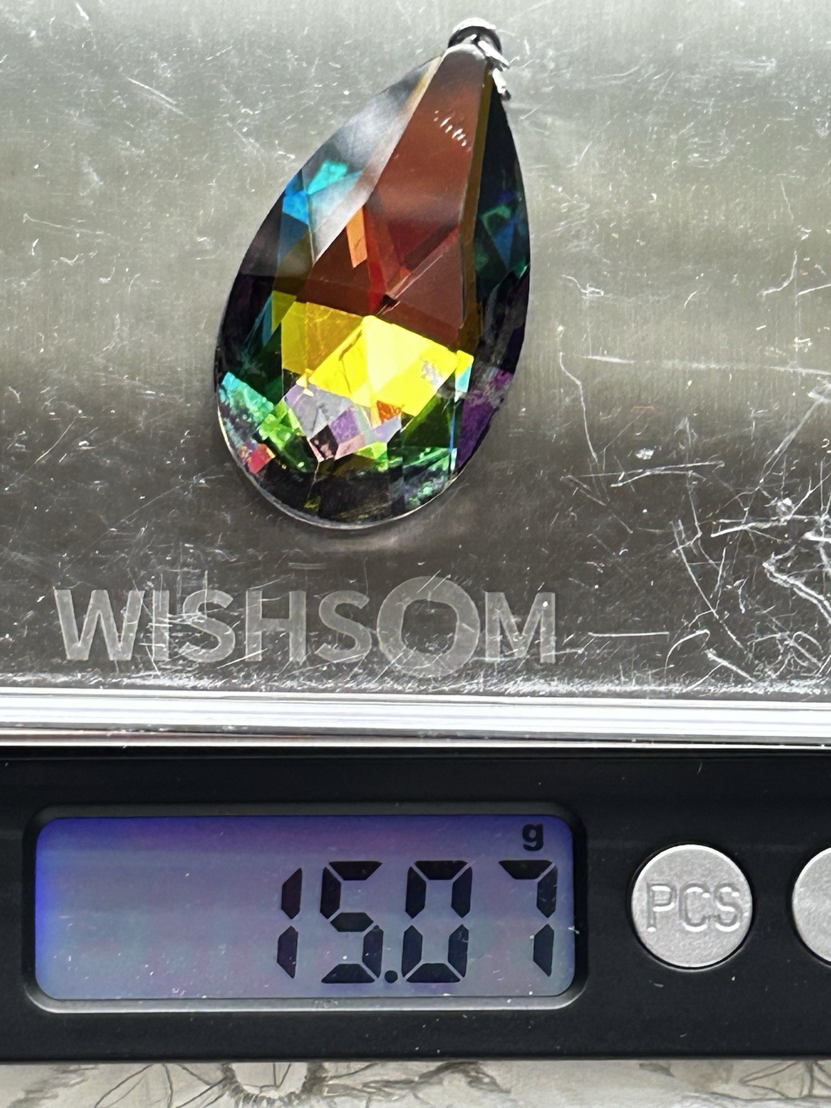 Vintage Vitrail Rainbow Faceted Crystal Teardrop Pendant Silver Tone Bail