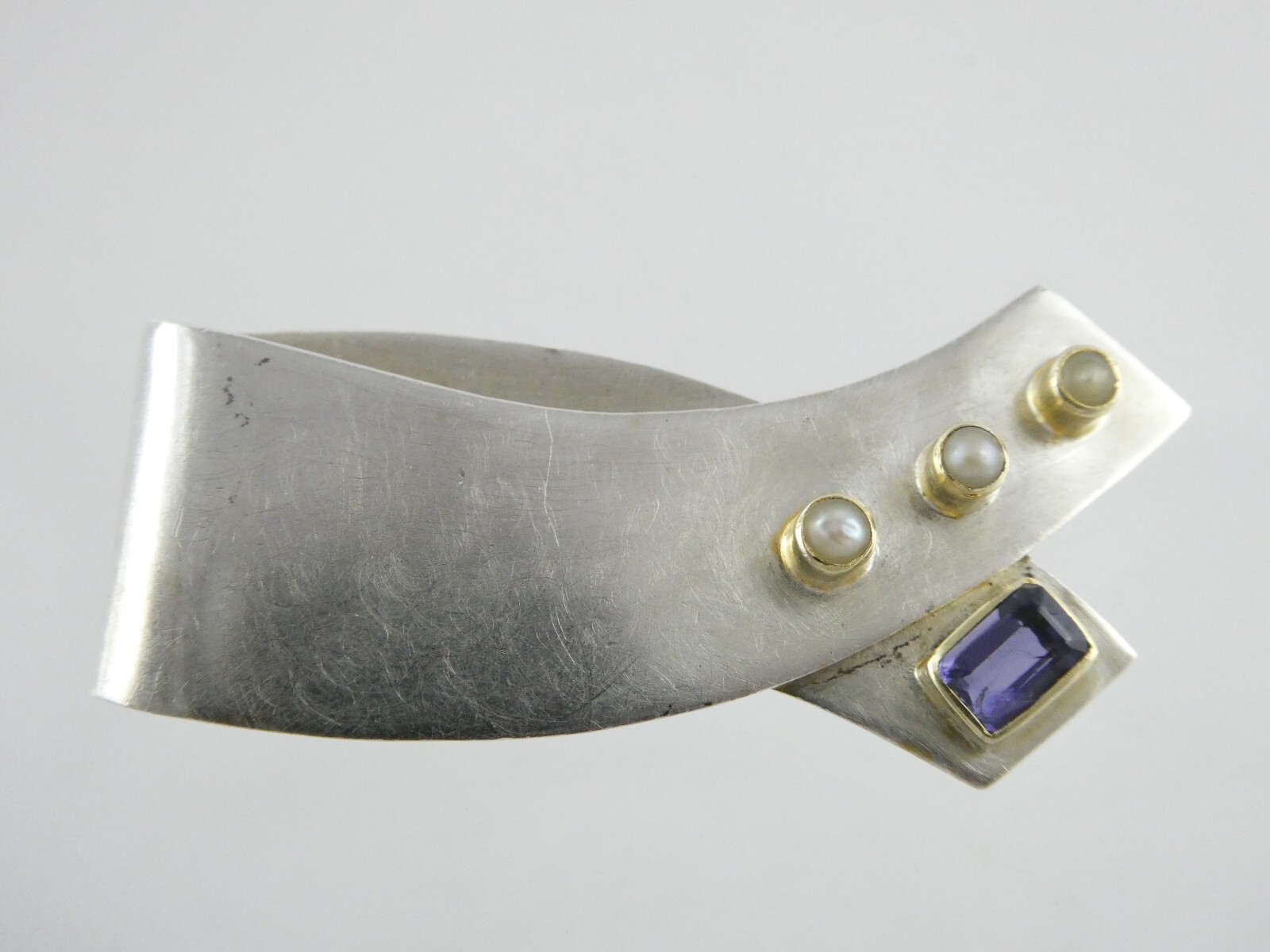 Artisan Designer Sterling Silver Seed Pearl Iolite Pin Pendant Brooch 8.9g 925