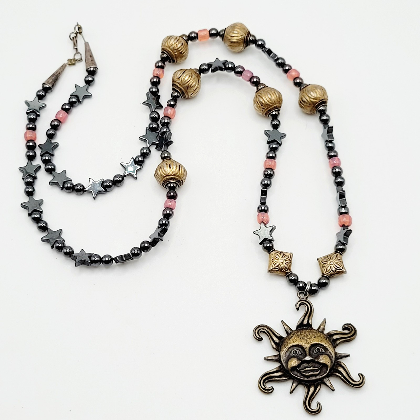 Celestial Sun Stars Black Hematine Bead Pendant Gold Tone Cone Ends Necklace