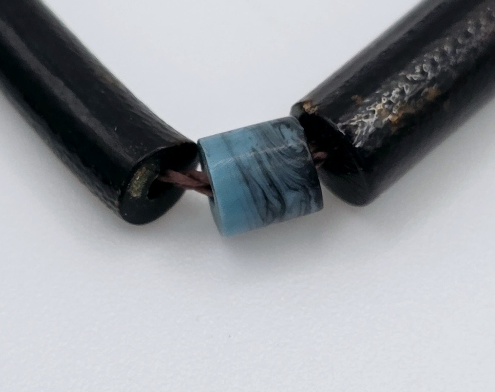 Vintage Black Coral Tube Bead Necklace 17.5″ Blue Glass Spacers Brass Clasp