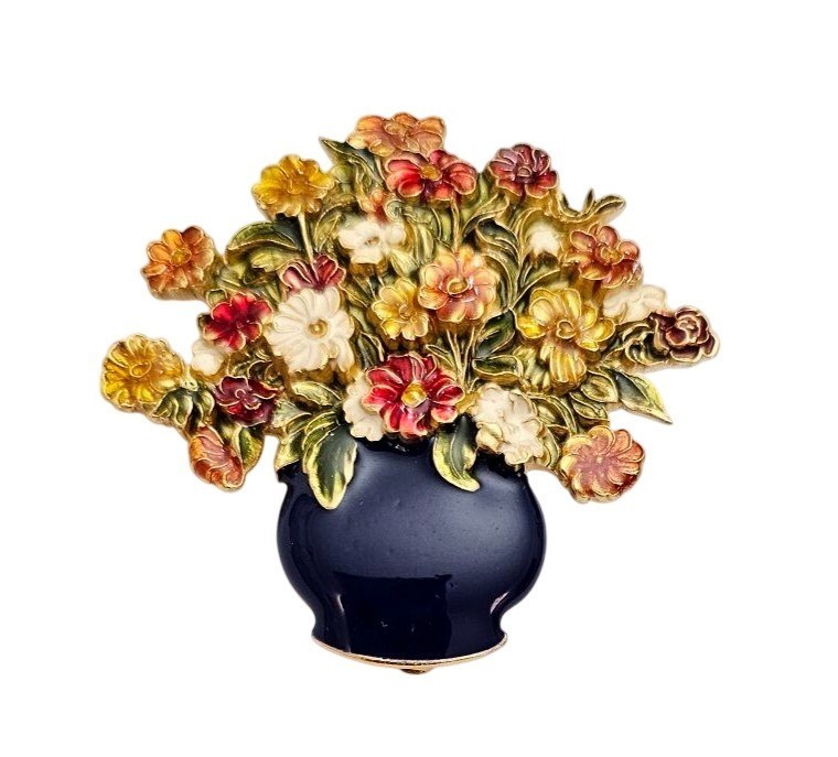 MFA Vase of Flowers Brooch, Multi-Colored Enamel Bouquet Pin Signed J790