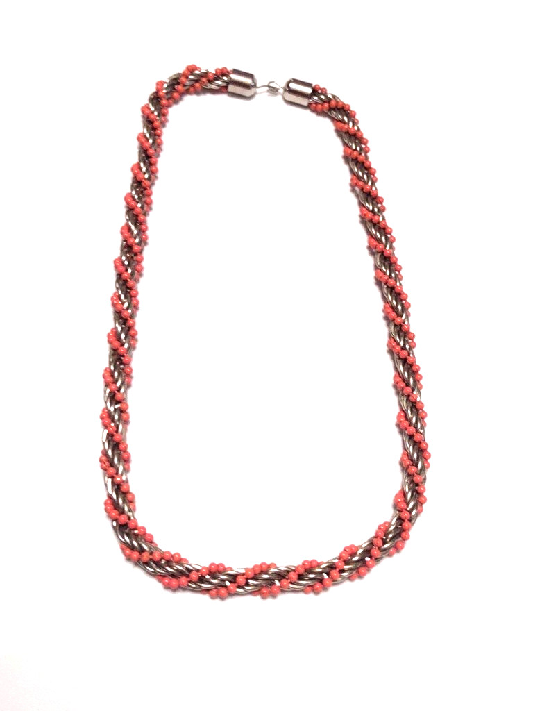 vintage faux coral bead silver tone twist choker 17.5 in