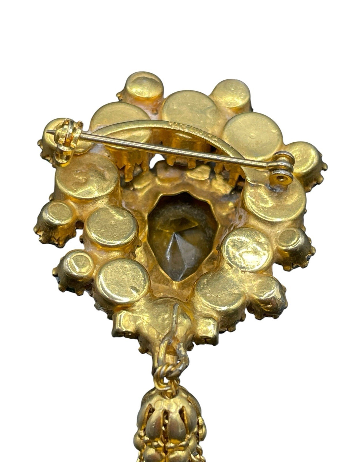 Vintage Domed Tassel Prong Set Austrian Crystal Brooch Gold Toned