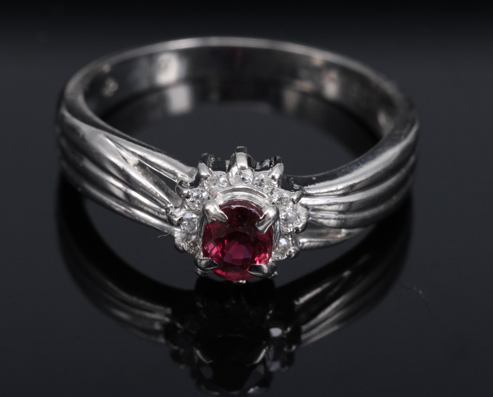 Vintage 0.35ct Intense Red Ruby & 0.09ct Diamond Platinum Ring Size 5.75