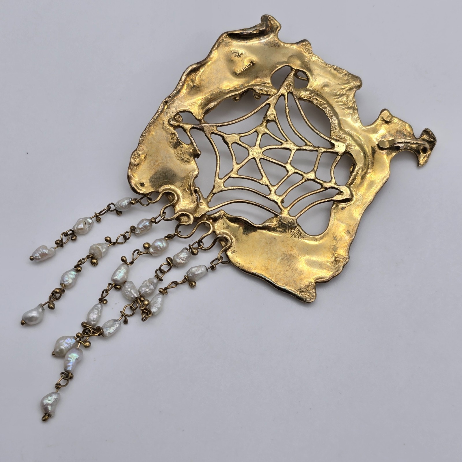 VTG Abstract Brutalist Spider Web Gold over Sterling Pearl Pendant Earrings Set